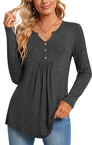 CATHY Womens Long Sleeve Tunic Tops V Neck Henley Shirts Casual Button Down Blouse Loose Pleated Pullover, XL, Dark Gray