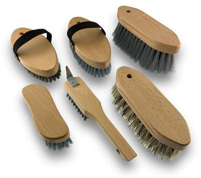 Kit Complet pansage Cheval | Lot de 6 brosses d’équitation Haut de Gamme | pour Cheval et Poney | Nettoyage Corps, tête et Sabots | Fabriqué en France | Kibros EQUITLOT6