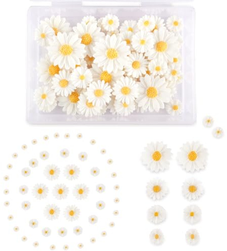WEFINEST 100 pcs Mini Daisy Decorations, Artificial Resin Daisy Flowers | Resin Crafts Small Decorative Daisies Charms, White Flatback Daisies Flowers with Storage Box for DIY Crafts, Home Decoration
