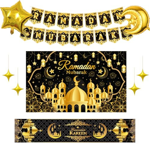 Ramadan Deko Umrah Mubarak Banner Tischdecke Hintergrundtuch Dekoration Eid Goldene Schwarz Sterne und Monde Eid Muslimische Islamische Festival Zubehör Party