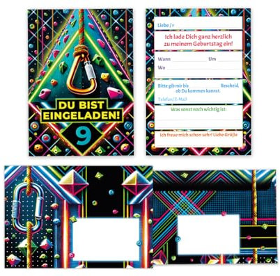 12 Einladungskarten incl. 12 Umschläge zum 9. Kindergeburtstag Mädchen Jungen Klettern Kletterpark coole bunte Einladungen neunte Geburtstag