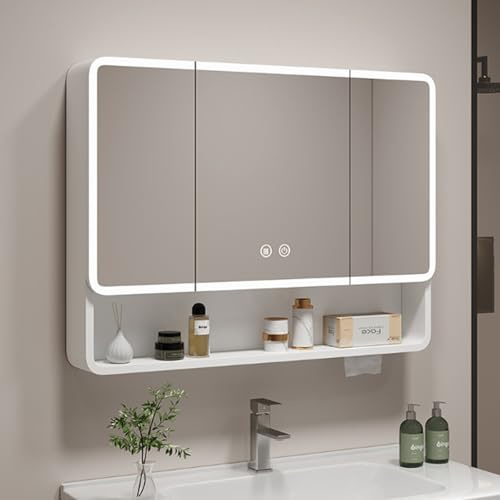 LED Armoire de Toilette Murale avec Miroir,Armoire Murale De Rangement De Salle De Bain avec Anti-buée,Intelligent Aluminium Meuble a Miroir avec Tactile,Placard de Rangement Toilettes,Trou de papier(