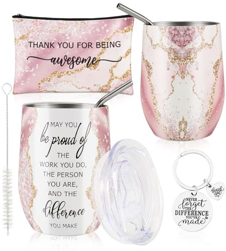 Povxlum Employee Appreciation Gift Mug Sets 12oz Insulated Cup Thank You for Being Awesome Stainless Steel Tumbler Keychain Makeup Bag for Team Coworker Teachers Staff (Pink)