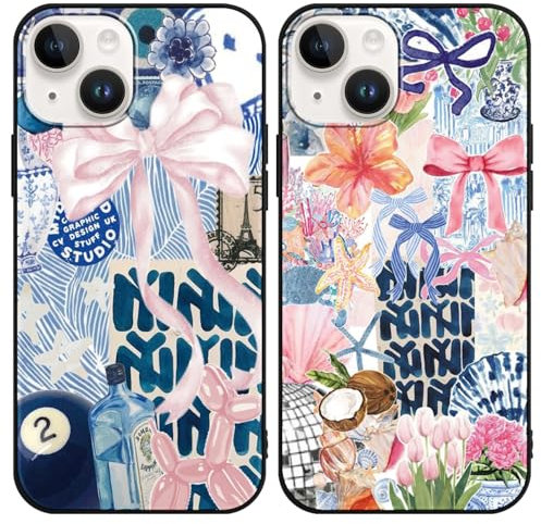 Phoona 2 Pack Cute Bow Case for iPhone 14 /iPhone 13 6.1, European Collage Preppy Summer Girly Design Pattern for Girls Women, Slim Soft Silicone Shockproof Bumper Protector Cover, Blue 01