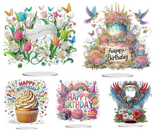 CustmArti DIY Doppelseitiges Geburtstags-Diamant-Kunst-Display, Stehtisch-Dekoration mit Blumen- und Cupcake-Designs, speziell geformtes Strass-Bastelset, 5 Stück