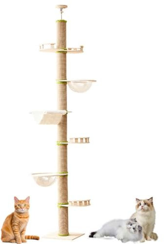 PJDDP Floor To Ceiling Cat Tower with Hammock, Floor To Ceiling Cats Tree for Large Cats, Tall Narrow Cat Tree with Transparent Capsule for Climb, Scratch, Lookout And Play