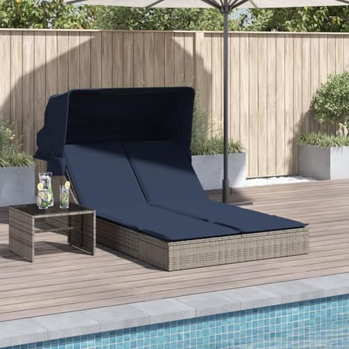 Gecheer Doppelte Sonnenliege mit Baldachin und Kissen, grau, Polyrattan, Gartenliegestuhl Strandliege Campingliege für Garten Pool Strand Camping368644