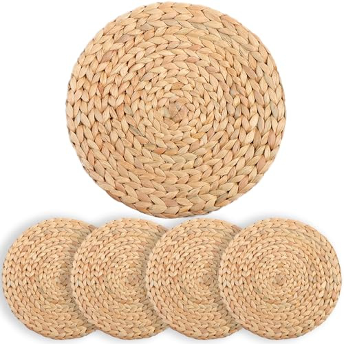 Water Hyacinth Round Placemats Set Of 4, Boho Woven Placemats, Plate Chargers, Place Mats Indoor, Individuales Para Mesa De Comedor, Rattan Chargers For Dinner Plates 11.8 Inch (30cm_Round_Set 4)