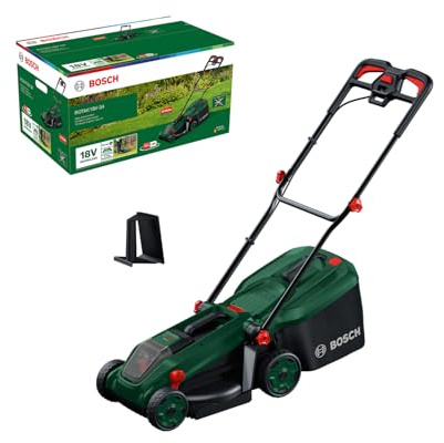 Bosch Rasaerba a batteria ROTAK18V-34 senza batt./caric. | larghezza di taglio: 34 cm, altezza di taglio: 25-65 mm, sacco raccoglierba in tessuto da 35 l, tappo per pacciame