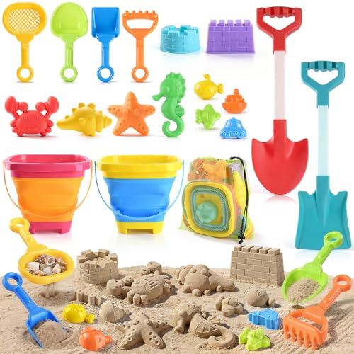 LullaBlock Beach Toys for Kids, Sand Toys Set with Collapsible Sand Bucket, 20” Shovel, Marine Life & Vehicles Molds Sand Castle Toys and Storage Bags, Travel Beach Toys for Toddler 3-10