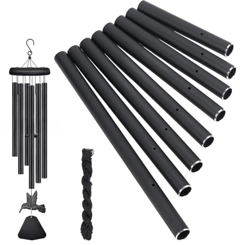 PH PandaHall 8pz Tubi per Campanelli a Vento in Alluminio Nero Campane a Vento Fai Da Te, 15~33cm Sonaglio a Venti Metallo con 12m Corda in Nylon per Casa Arredo Giardino Cortile
