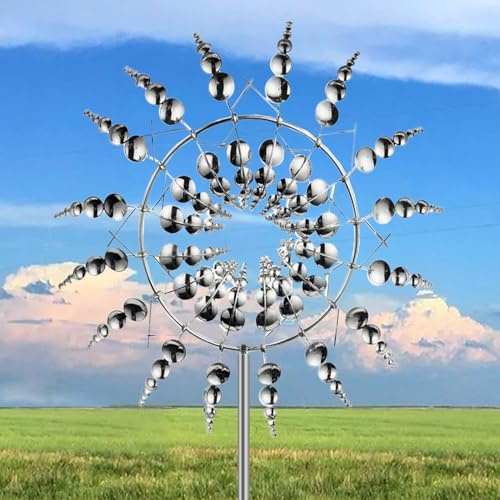 3D Metall-Windmühle, Einzigartige Magische Rasen-Wind-Spinner aus Edelstahl, Magische Metall-Windmühle für Hof und Garten Windfänger Außenterrassendekoration (Silver)