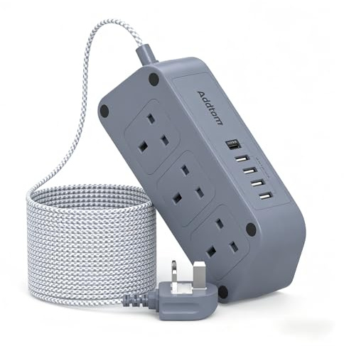 Addtam Extension Lead with USB Slots, 6 Way Outlets 5(1 USB-C& 4 USB-A), 3M | Braided Cable, 3250W Overload Protection, Surge Protected Multi Socket Gray