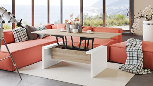 designimpex Space Couchtisch aufklappbar in Sonoma Eiche/Weiß matt höhenverstellbar modern vielseitig Wohnzimmertisch Esstisch Beistelltisch Sofatisch platzsparend hochwertig Wohnzimmer Coffee Table