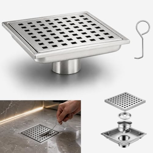 Desagüe de Ducha Cuadrado de Acero Inoxidable con Sifón de 360° y Trampa de Olores, 2 En 1 Canal de Desagüe Revestible con Azulejos, 15x15 CM Apto para Baños, Sótanos (Modelo 3)