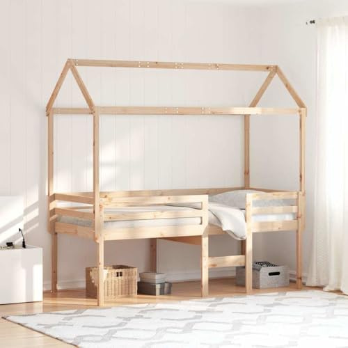 Hochbett mit Dach 80x200 cm Massivholz Kiefer Spielbett Etagenbett Kinderzimmer Schlafzimmer Bett mit Leiter und Dach massiv Holz Kiefer unbehandelt Schlafplatz Spielbereich Abenteuerbett Hochbett
