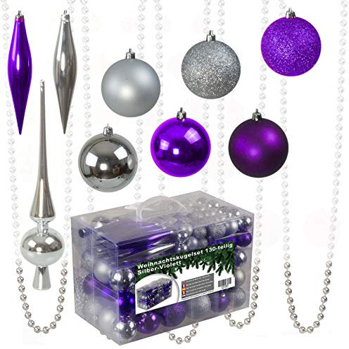 Julido Weihnachtskugeln Kunststoff 130 Stück, Christbaumkugeln Silber und Violett, Weihnachtsbaum Deko glänzend, glitzernd und matt