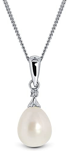 Miore Damen-Halskette mit Anhänger – Zeitlose Kette aus 9 kt. Weißgold mit Süßwasser-Zuchtperle und 0,01 ct. Diamant – Halsschmuck 45 cm lang, Silber