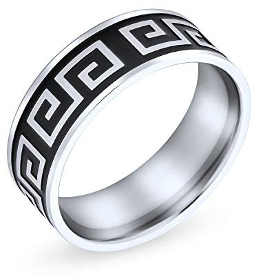 Bling Jewelry Geometrisches Antikes Fret Griechisches Schlüsselmuster Flacher Ehering Für Männer Frauen Schwarz Silber Zweifarbig Edelstahl 8MM