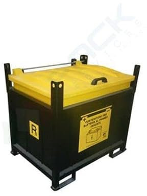 Contenitore per batterie esauste con coperchio con cerniera, mis. 920 L x 710 P x 840 H mm, capacità 250 Lt, peso 77 Kg, telaio chiuso