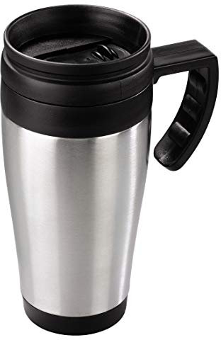 Xavax Isolierbecher Auto (Coffee-to-go, 400 ml, für Heiß- / Kaltgetränke, mit Henkel, aus Edelstahl) silber
