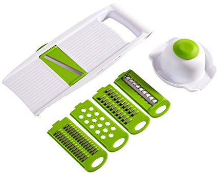 Mandolina 5 en 1 con cuchillas de acero inoxidable, con soporte de seguridad alimentaria. Cuchillas para rallar y cortar en juliana