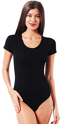 VEDATS Damen Body Kurzarm Rundhals Bodysuit T-Shirt Top Unterhemd (S, Schwarz)