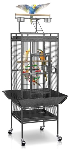 SUPER DEAL Jaula para pájaros Pro de 61 Pulgadas/ 68 Pulgadas 2 en 1 con Soporte rodante, Jaula para Loros, Chinchilla, Pinzas, cacatúas, cacatúas, casa de Mascotas de Hierro Forjado, Color Negro