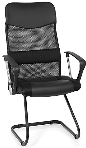 hjh OFFICE 668011 Besucherstuhl ARTON V Netz-Stoff Kunst-Leder Schwarz Freischwinger-Sessel Schwing-Stuhl Büro Konferenzstuhl Armlehnen Schreibtisch-Stuhl Hohe Rückenlehne Vierfußstuhl