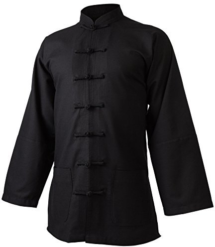 wu designs Leinen (Mittel) Kung Fu & Tai Chi Shirt Stehkragen Langarm - Taiji Anzug Schwarz 175