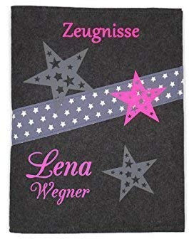 Zeugnismappe mit Namen - Mädchen und Jungen - Personalisiert Filz A4 Stern Pink - Dokumenten Urkunden Mappe Kinder - Hefter Zeugnisse - Sichtbuch