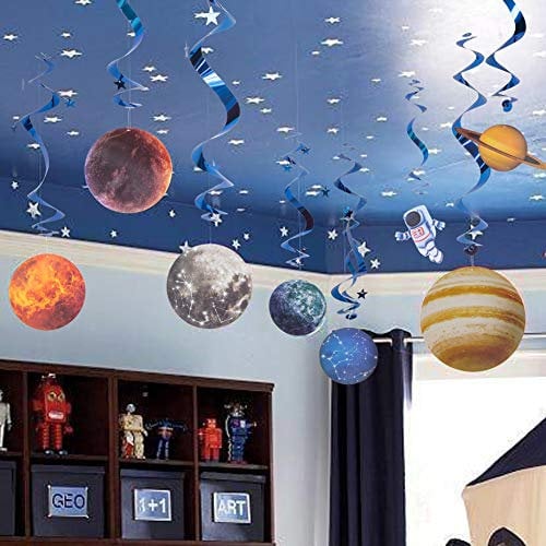 EASY JOY 12er-Set Weltraum Deko, Planeten Deko & Weltall Girlande für Weltraum Kindergeburtstag, Sonnensystem Kinder, 3D Papierdekoration mit Raumschiff, Garland Partydekoration, Kinderzimmer Deko