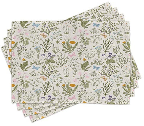 ABAKUHAUS Blumen Platzmatten, Weinlese Garten Pflanzen Mit Kräuterblumen Botanischen Klassischen Entwurf, Waschbare Stoff Esszimmer Küche Tischdekorations Digitaldruck, Reseda Grün