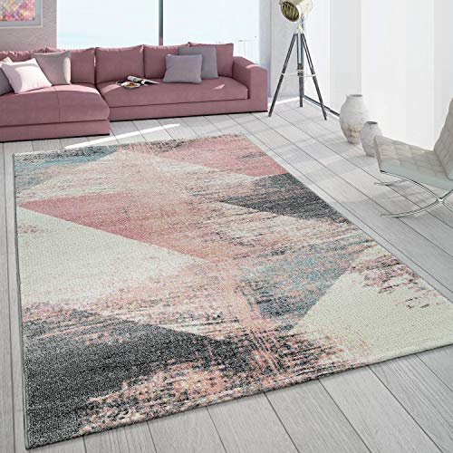 Paco Home Teppich Wohnzimmer Grau Weiß Rosa Pastell Dreieck Muster Vintage Design Kurzflor, Grösse:240x340 cm