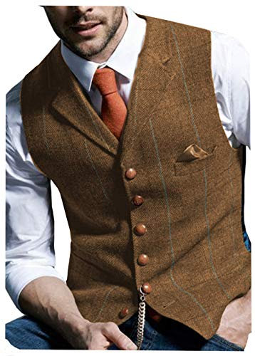 JinXuanYa Gilet Costume Tweed À Carreaux Retro Hommes Laine Sans Manches Col Cranté Formel Marron XXL élégant Désinvolte Garçons d'honneur de Mariage de Bal