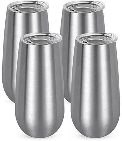 Lifecapido 4 Pack Stemless Double Insulated Champagne Flute Tumbler with Lid, 6 Oz Unbreakable Reusable Cocktail Champagne Toasting Glasses, Great Gift for Friends Family Christmas Birthday, Silver