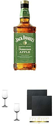 Jack Daniels APPLE 35% 0,7 Liter + Nosing Gläser Kelchglas Bugatti mit Eichstrich 2cl und 4cl - 2 Stück + Schiefer Glasuntersetzer eckig ca. 9,5 cm Ø 2 Stück