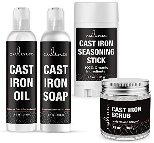 Culina Cast Iron Seasoning Stick & Soap & Oil Conditioner & Restoring Scrub | All Natural Ingredients | Best for Cleaning, Non-stick Cooking & Restoring | for Cast Iron Cookware, Skillets, Pans