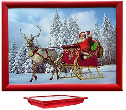 Optimal Products Large Wooden Soft Padded Cushioned Bean Bag Lap Dinner Laptop Food TV Tray Home Bedroom Office Kitchen Trays (Magic Of Xmas) With Padded Cushion Base For Comfort And Stability