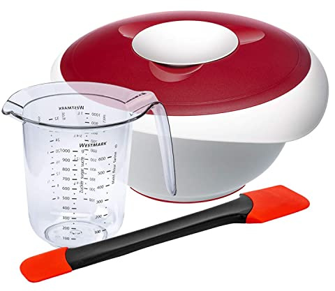 Westmark Koch- und Backset, 3tlg., Rührschüssel mit Deckel 2,5 l, Messkanne 1 l und Teigschaber , Kunststoff/Silikon, Duo, Weiß/Rot/Schwarz, 315322E6