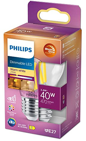 Philips LED Classic E27 WarmGlow Lampe, 40 W, Tropfenform, dimmbar, klar, warmweiß