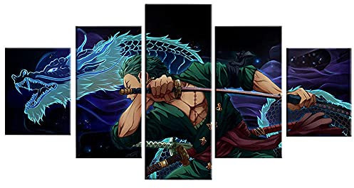 MPPSU One Piece Zoro Anime Poster Kunstdrucke Modular Wandkunst Modern Wanddekoration Wandbilder Wohnzimmer Leinwandbild 5 Teiliges Poster Set XXL Bilder Kreatives Geschenk Mit Rahmen 100 * 50cm