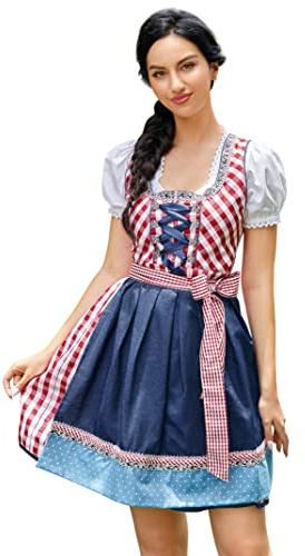 KOJOOIN Costume traditionnel pour femme Dirndl Oktoberfest 3 pièces - Jupe midi fantaisie, robe, tablier, Rouge à carreaux, L
