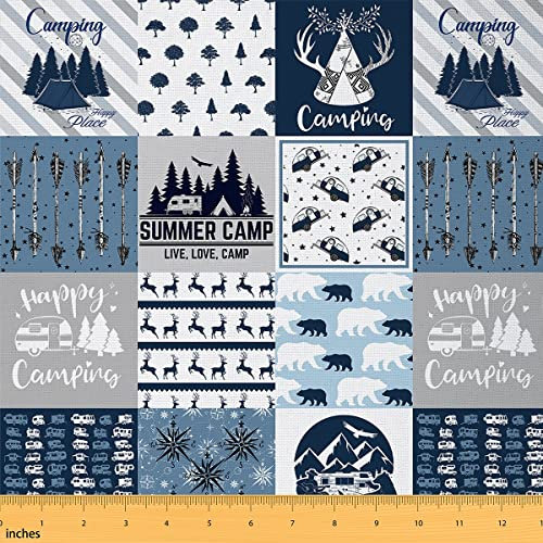 Happy Camping Stoff Meterware für Jungen Kinder Teenager Camper Polsterstoff Rustikaler Bauernhaus Stil Outdoor Stoff Skizze Zeichnung Camper Camping Auto Stoff Kleidung DIY Blau 920 x 150 (HxB)