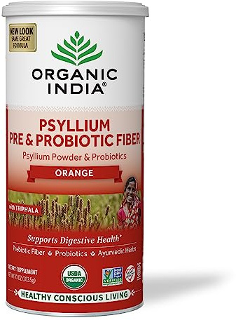 Organic India Psyllium Husk Powder - Pre & Probiotic Fiber Supplement, Organic Psyllium Husk Fiber Supplement, Dietary Fiber, USDA Organic, Vegan, Gluten Free - Orange, 10 Oz