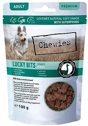 Chewies Lucky Bits Strauß Adult Hundeleckerli - Hunde-Leckerlis getreidefrei & Soft mit viel Protein und Superfoods wie Bierhefe oder Ginkgo, ohne Zucker (100 g)