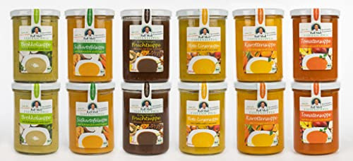 Intervallfasten mit leckeren veganen Suppen von Ralf Moll® Fastensuppen | 12x 380ml Bio-Suppen im Glas | Fastenkur Souping | mit Fruchtsuppe, Rote-Linsen, Tomaten, Karotten, Süßkartoffel, Brokkoli