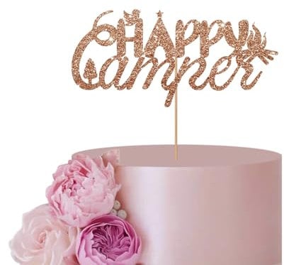 Brown Happy Camper Cake Topper for Camping Party Decor, Camping Birthday Party Cake Decor, Glitter Tent Camping Camp Out Campfire Party Supplies