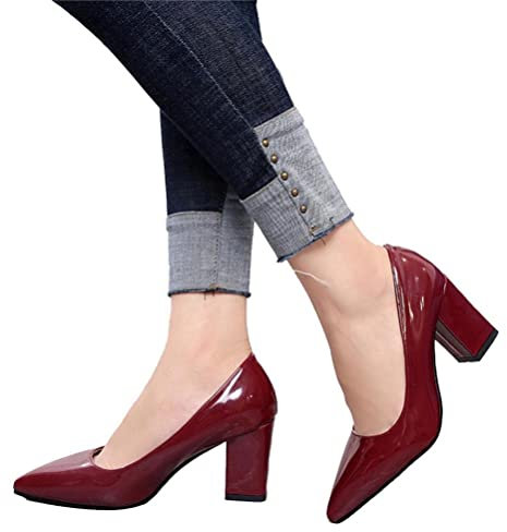 seiveini Pumps mit Spitzer Zehenpartie für Damen High Heels Pumps Lack mit Chunky Absatz Klassische Business Pumps Elegante Büroschuhe Hochzeitsschuhe Chic Mode A Weinrot 43 EU