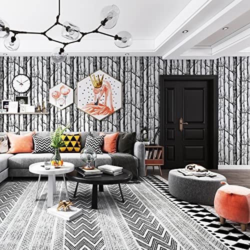 JOLIHOME Weiße Tapete Schwarzer Baum Selbstklebender Wandaufkleber Kontaktpapier zum Abziehen und Aufkleben aus Birkenholz Kunststoffrolle mit Klebriger Rückseite für Küche Schlafzimmer 44,5x1000cm